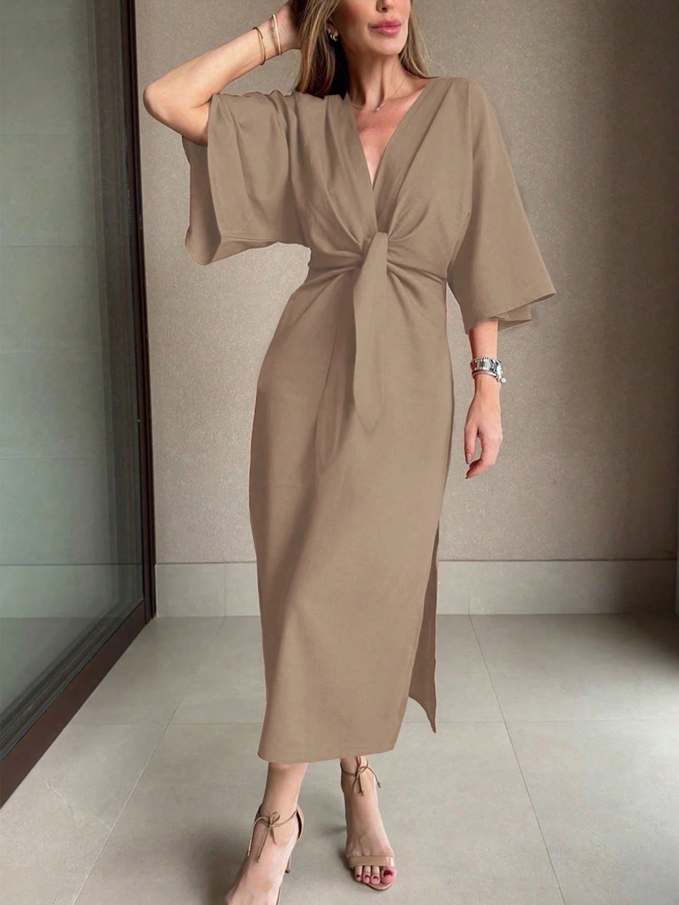 Women's Solid Color Waist Knot 3/4 Sleeve Elegant Midi Dress shein