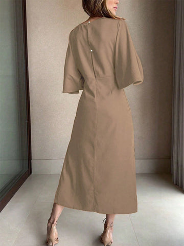 Women's Solid Color Waist Knot 3/4 Sleeve Elegant Midi Dress