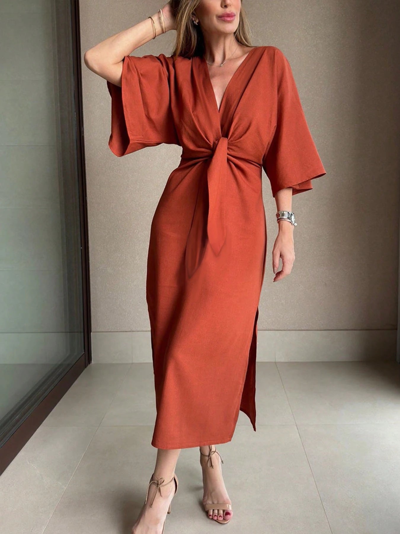 Women's Solid Color Waist Knot 3/4 Sleeve Elegant Midi Dress shein