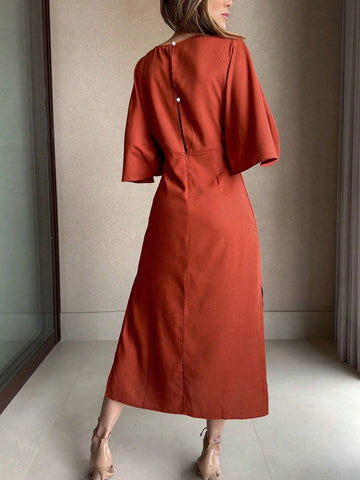Women's Solid Color Waist Knot 3/4 Sleeve Elegant Midi Dress