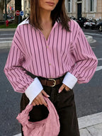 Women's Striped Woven Fabric Splice Collar Contrast Color Loose Shirt shein