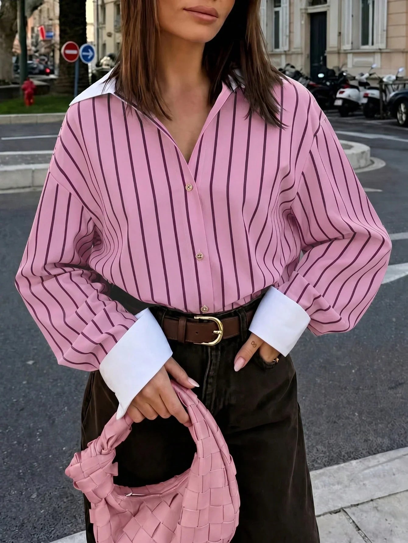 Women's Striped Woven Fabric Splice Collar Contrast Color Loose Shirt shein