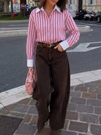 Women's Striped Woven Fabric Splice Collar Contrast Color Loose Shirt shein