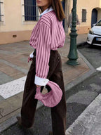 Women's Striped Woven Fabric Splice Collar Contrast Color Loose Shirt shein