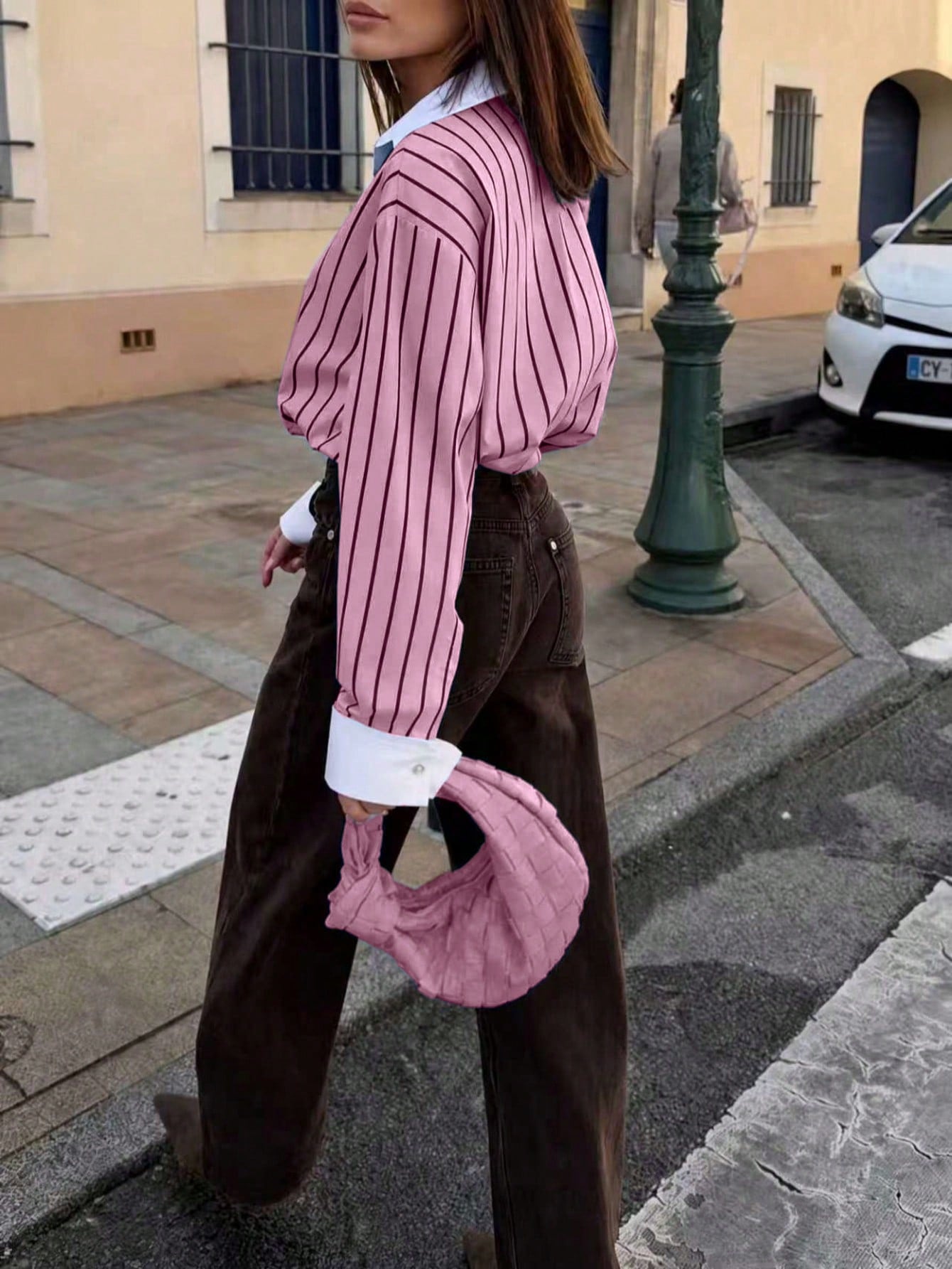 Women's Striped Woven Fabric Splice Collar Contrast Color Loose Shirt shein
