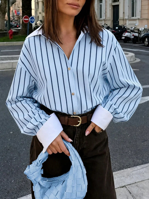 Women's Striped Woven Fabric Splice Collar Contrast Color Loose Shirt