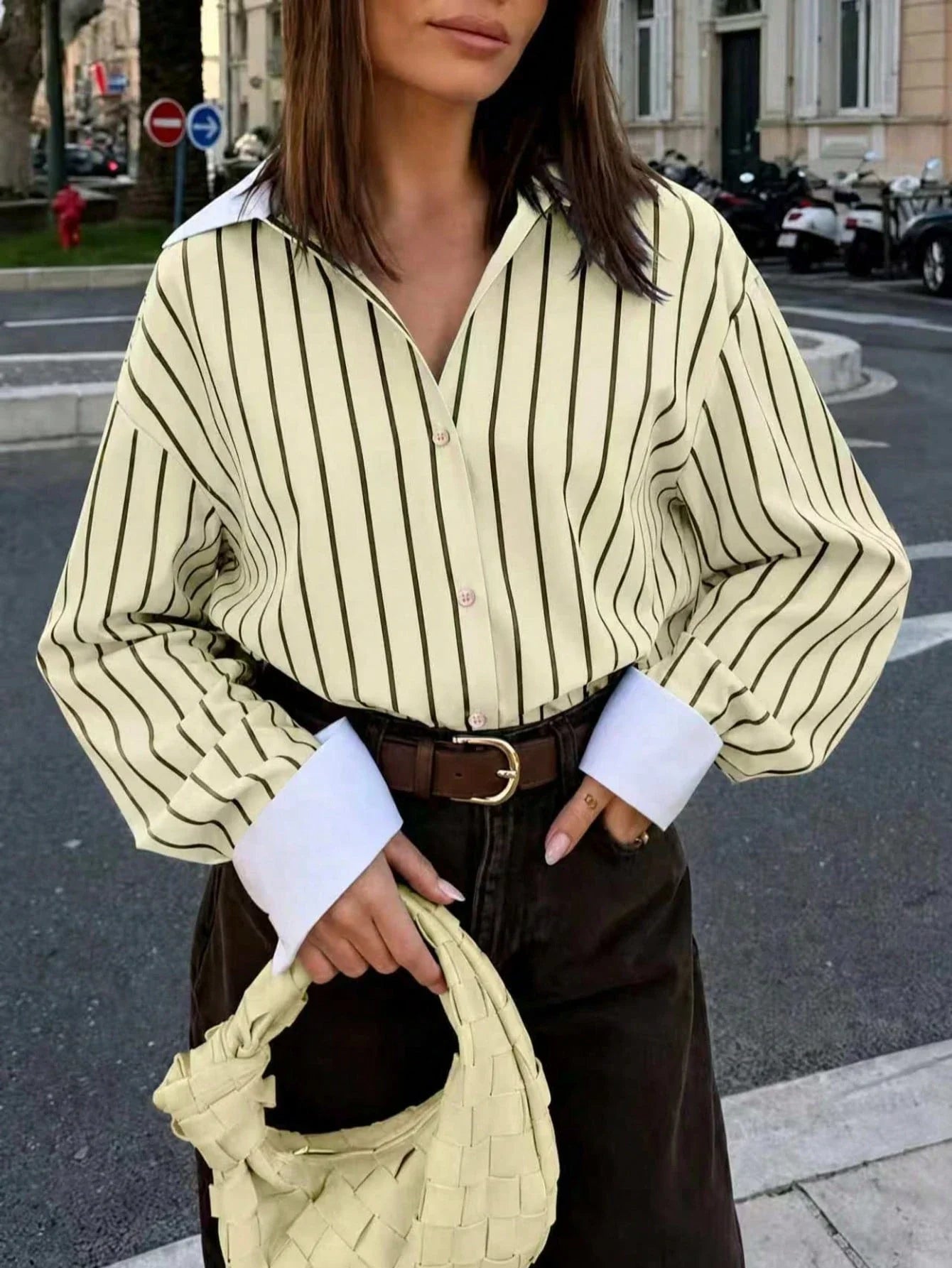 Women's Striped Woven Fabric Splice Collar Contrast Color Loose Shirt shein