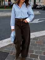 Women's Striped Woven Fabric Splice Collar Contrast Color Loose Shirt shein