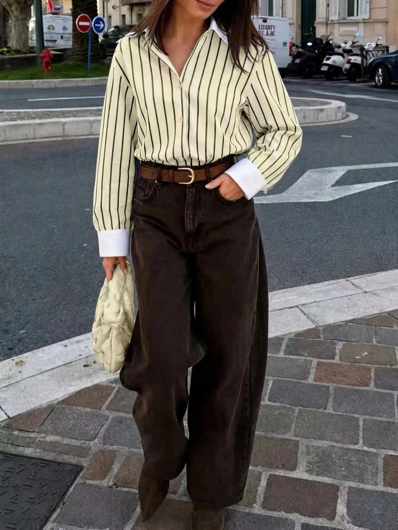 Women's Striped Woven Fabric Splice Collar Contrast Color Loose Shirt shein