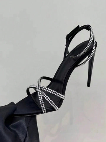 Rhinestone Decorated Satin Peep Toe Sexy Criss-Cross Strap High Heel Sandals