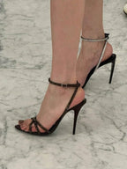 Rhinestone Decorated Satin Peep Toe Sexy Criss-Cross Strap High Heel Sandals shein
