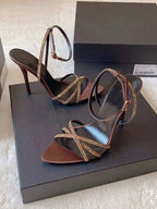 Rhinestone Decorated Satin Peep Toe Sexy Criss-Cross Strap High Heel Sandals shein