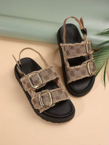 Women's Bohemian Printed Thick Heel Wedge Sandals With Tassel Trim And Buckle Strap
