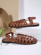 Women's Vintage Style Woven Hollow Closed Toe Chunky Heeled Sandals shein