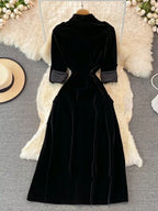 Women's Vintage Waist Pocket Single-Breasted Velvet Cardigan Dress shein