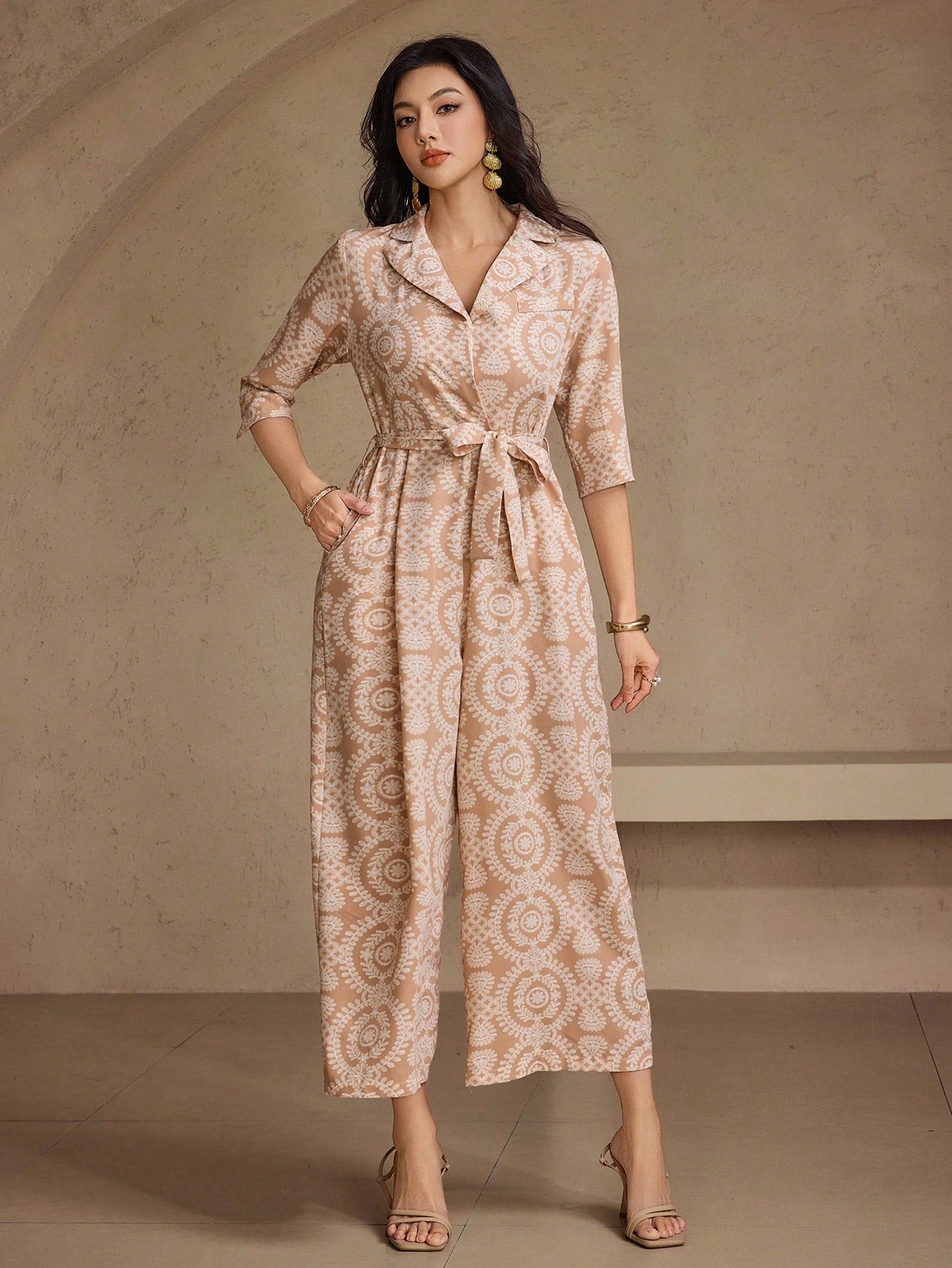 DAZY Women's Vacation Floral Print 3/4 Sleeve Palazzo Jumpsuit