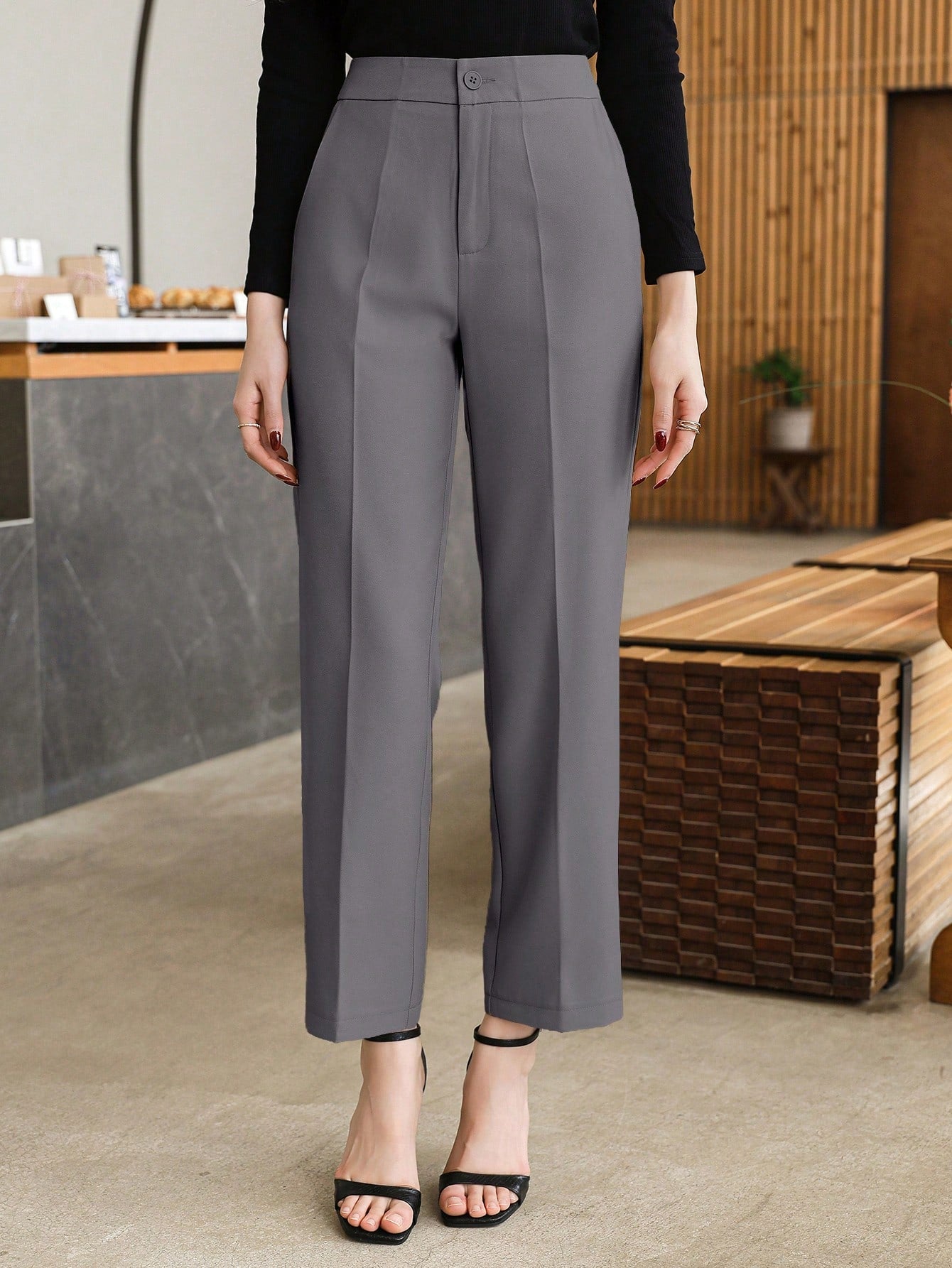 Wynsel Solid Color Pleated Women Straight Casual Suit Pants