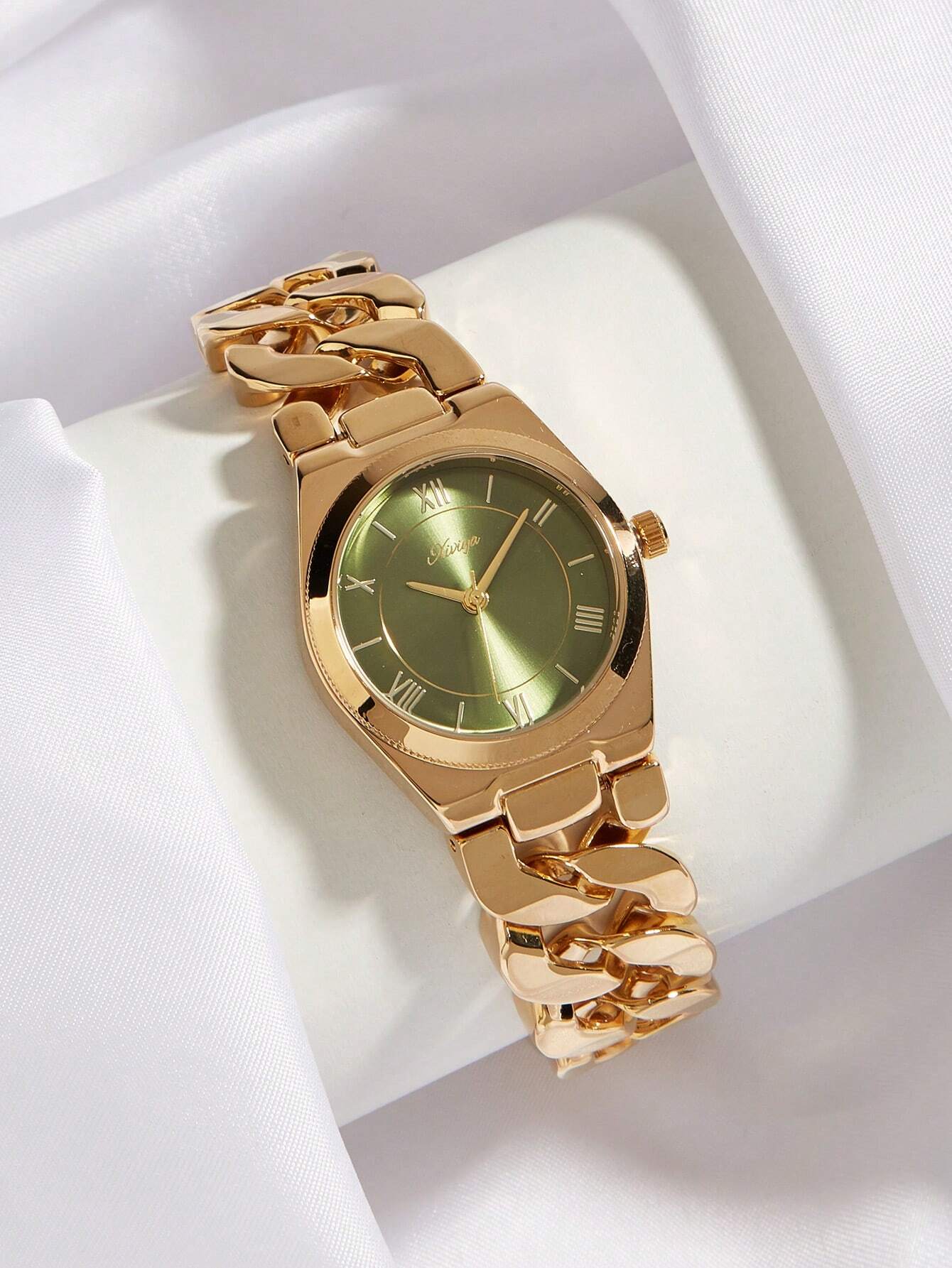 1pc Women's Gold Minimalist Link Adjustable Quartz Watch