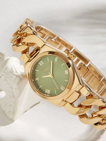 1pc Women's Gold Minimalist Link Adjustable Quartz Watch