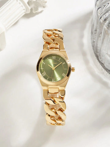 1pc Women's Gold Minimalist Link Adjustable Quartz Watch