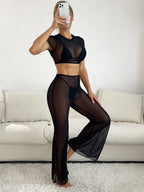 X Rita Pereira Solid Cover Up Top & Pants Without Lingerie Set shein