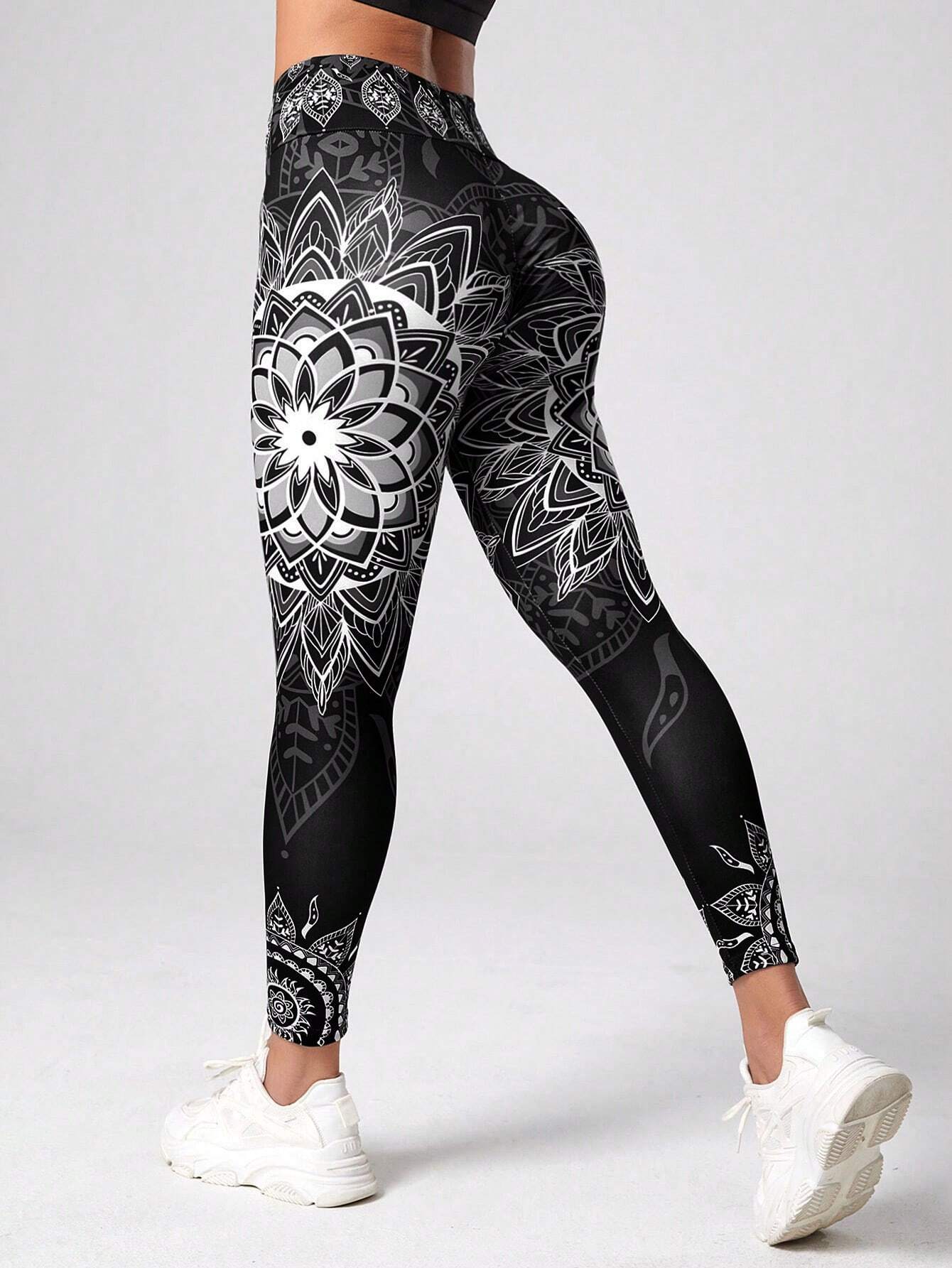 Yoga Floral Mandala Print 7/8 Yoga Leggings Wideband Waist Gym Leggings shein