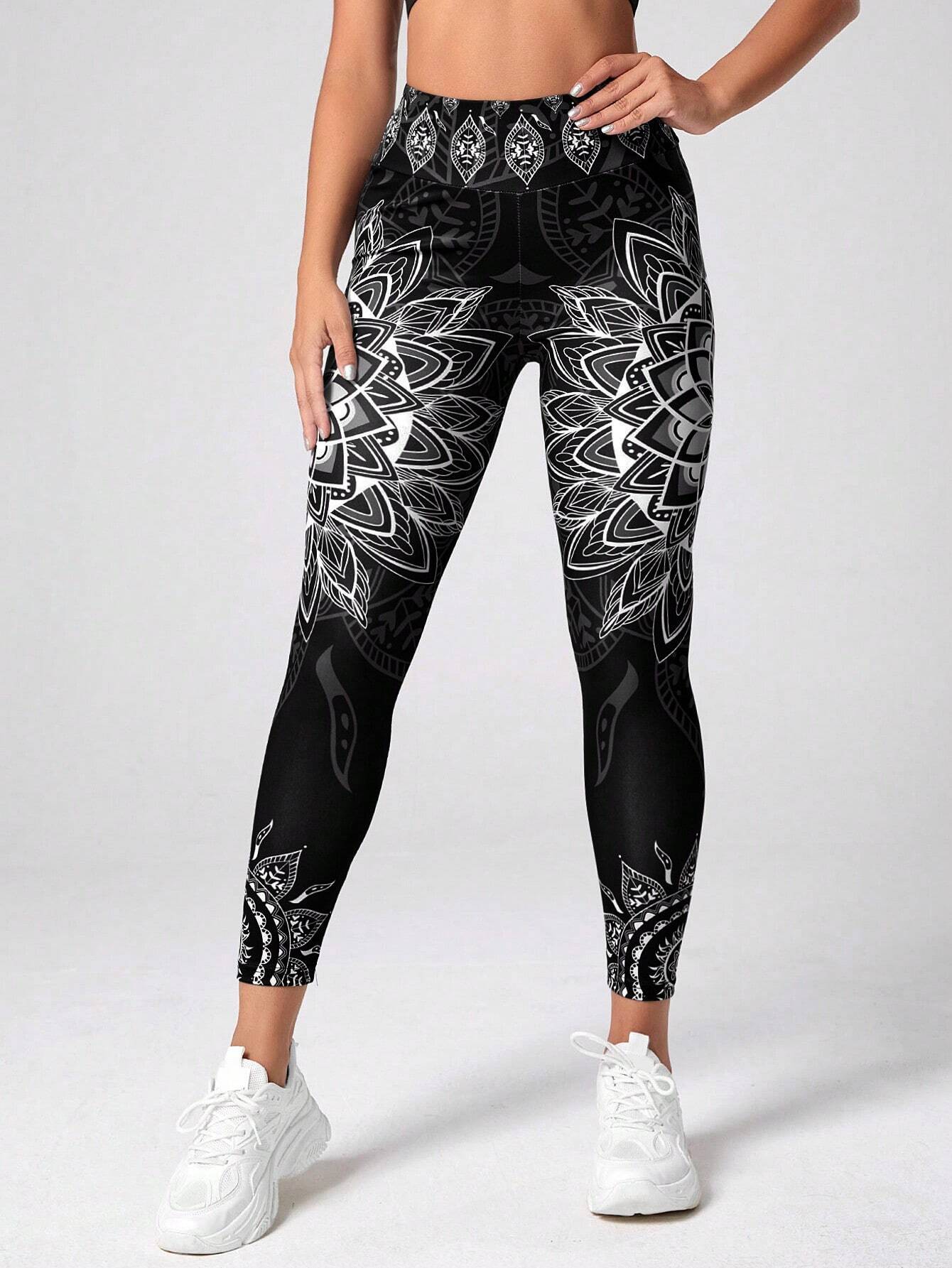 Yoga Floral Mandala Print 7/8 Yoga Leggings Wideband Waist Gym Leggings shein