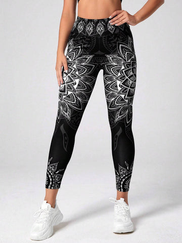 Yoga Floral Mandala Print 7/8 Yoga Leggings Wideband Waist Gym Leggings shein