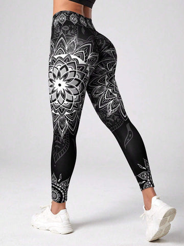 Yoga Floral Mandala Print 7/8 Yoga Leggings Wideband Waist Gym Leggings shein