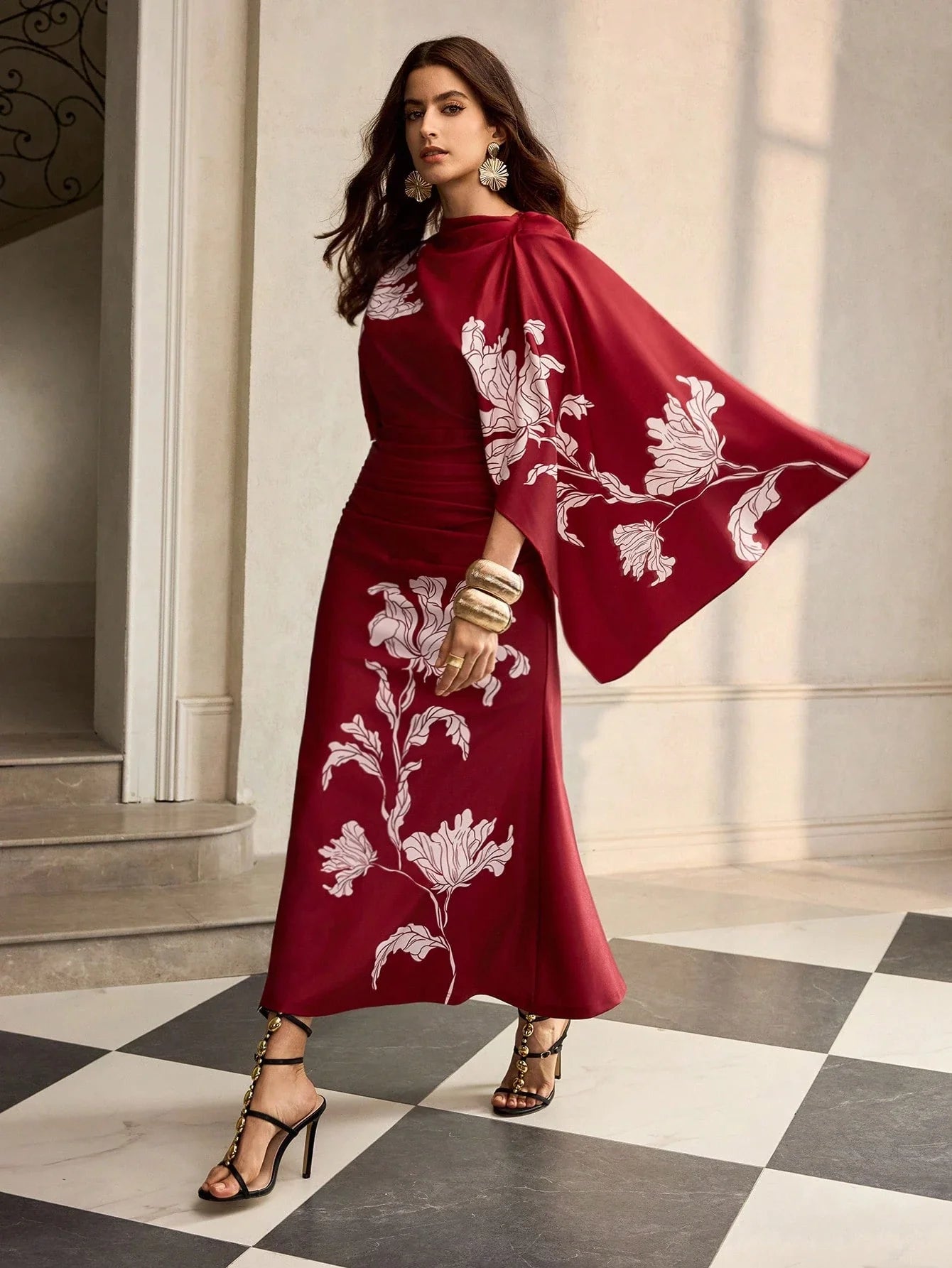 ZEYLAH Printed Short Sleeve One-Shoulder Elegant Dress shein