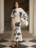 ZEYLAH Printed Short Sleeve One-Shoulder Elegant Dress shein