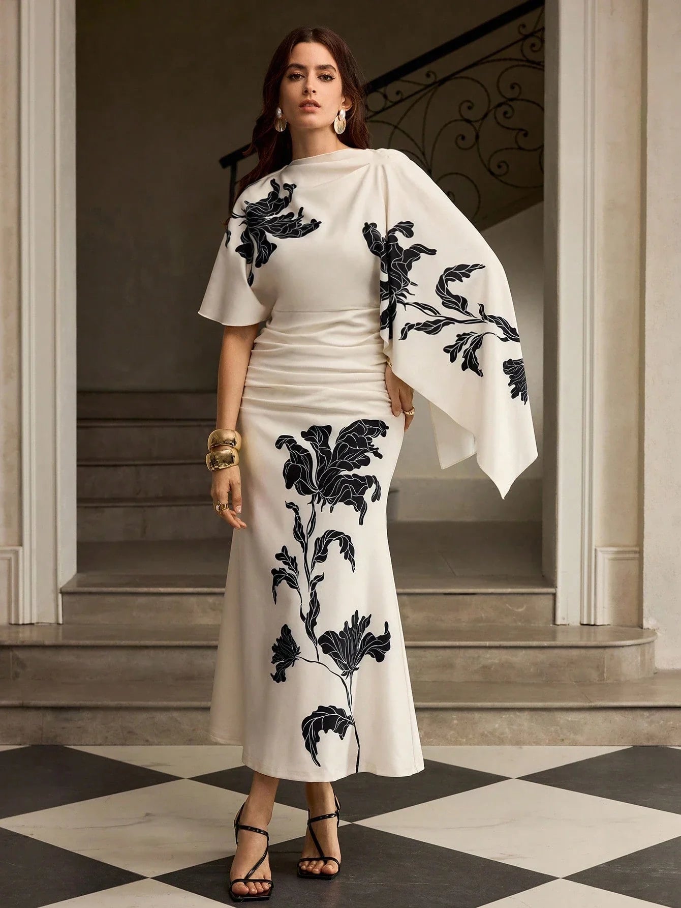 ZEYLAH Printed Short Sleeve One-Shoulder Elegant Dress shein