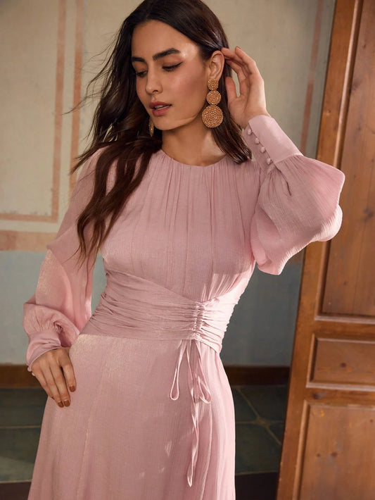 ZEYLAH Round Neck Mid-Sleeve Cinched Waist Elegant Holiday Dress