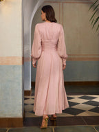 ZEYLAH Round Neck Mid-Sleeve Cinched Waist Elegant Holiday Dress shein