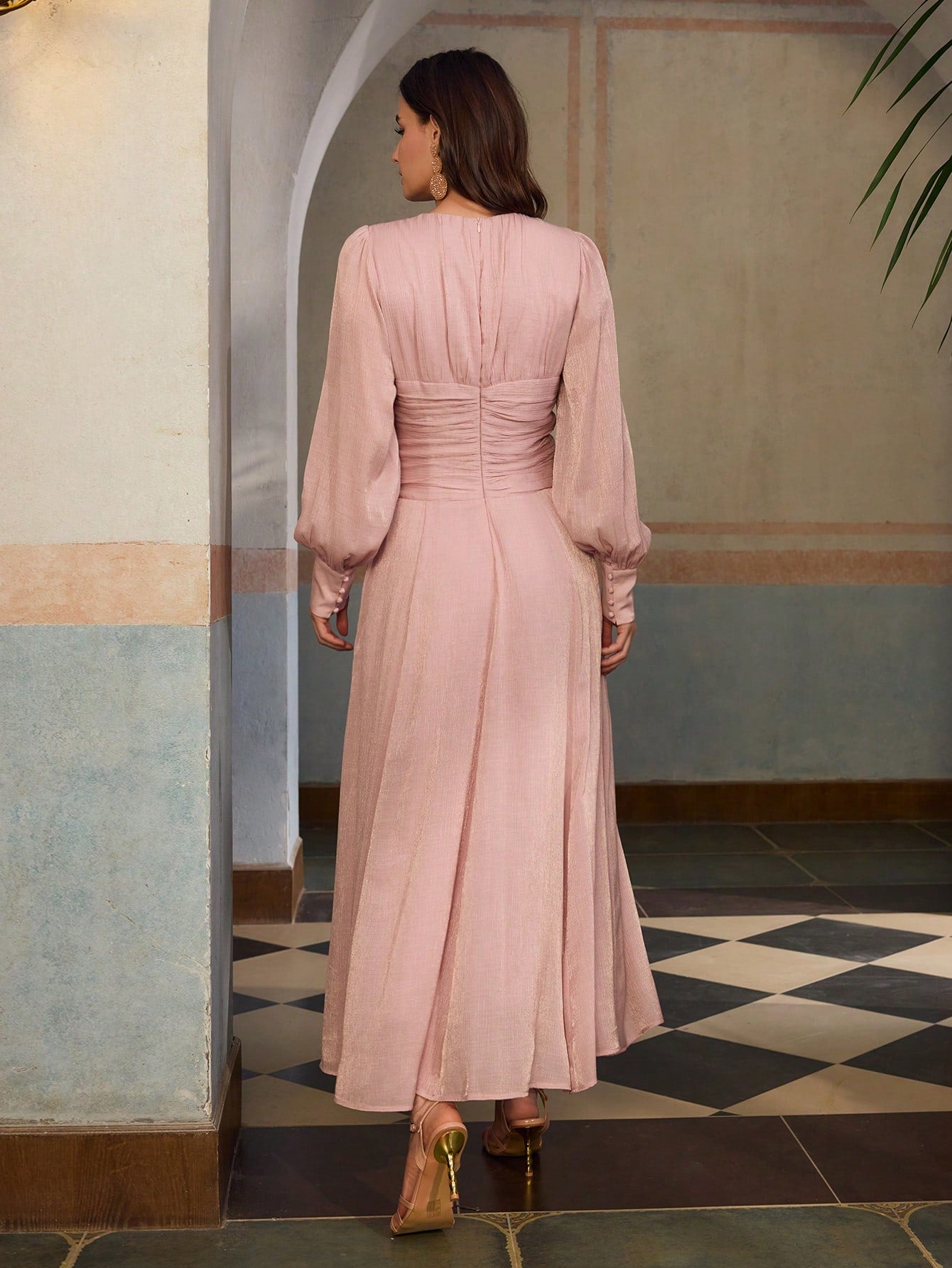 ZEYLAH Round Neck Mid-Sleeve Cinched Waist Elegant Holiday Dress