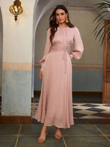 ZEYLAH Round Neck Mid-Sleeve Cinched Waist Elegant Holiday Dress