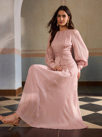 ZEYLAH Round Neck Mid-Sleeve Cinched Waist Elegant Holiday Dress