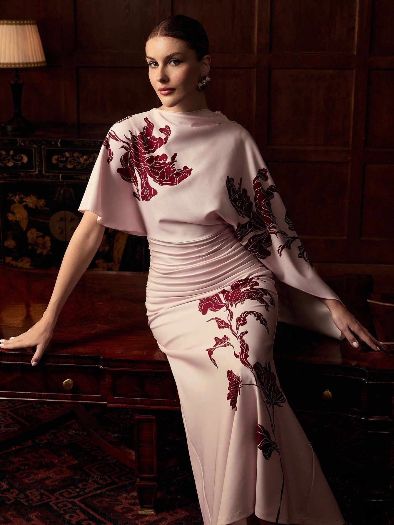 ZEYLAH Printed Short Sleeve One-Shoulder Elegant Dress shein