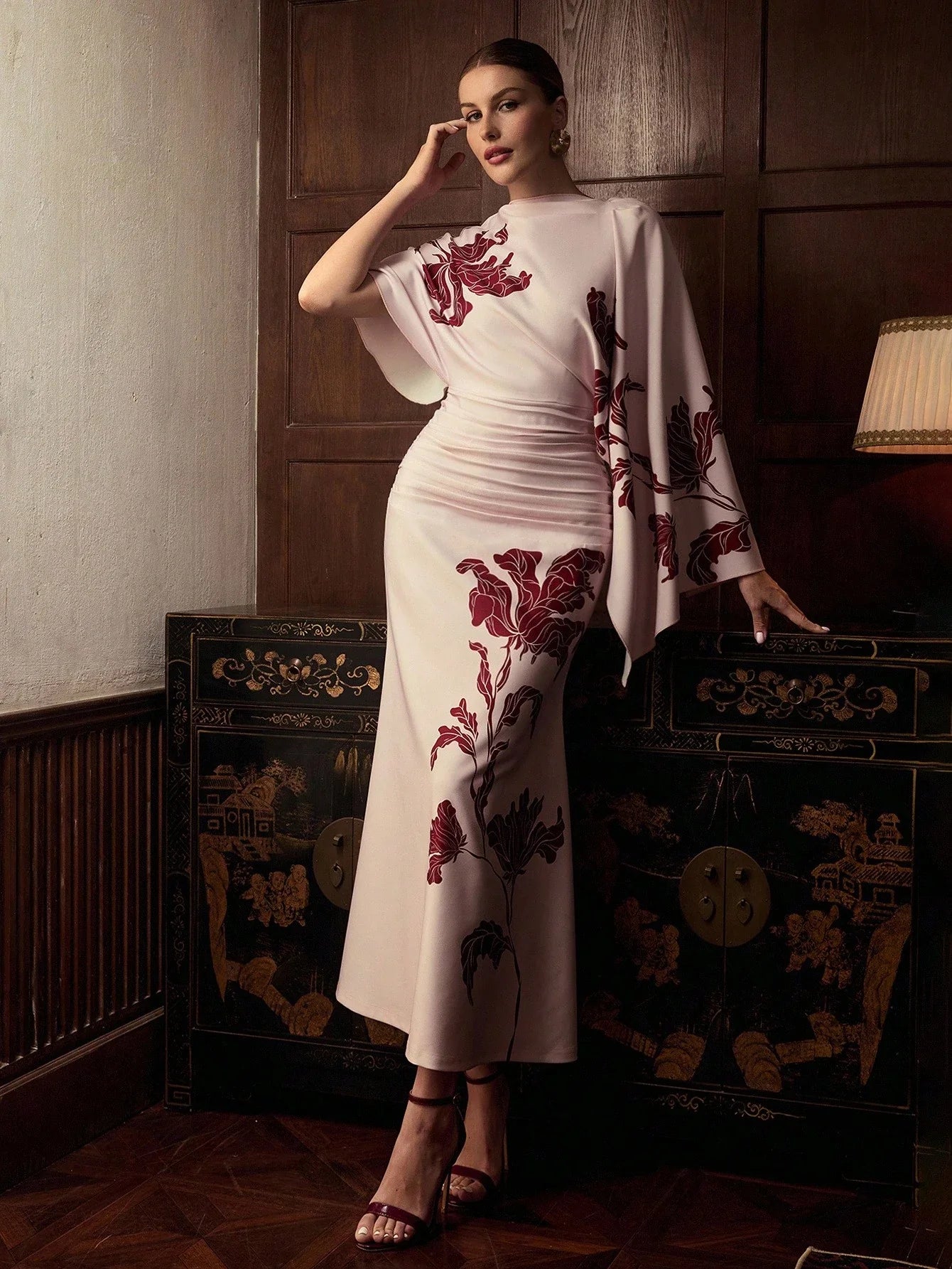 ZEYLAH Printed Short Sleeve One-Shoulder Elegant Dress shein