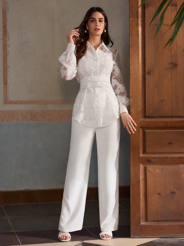 Women's Single-Breasted Cutout Waist Long Sleeve Elegant Blouse