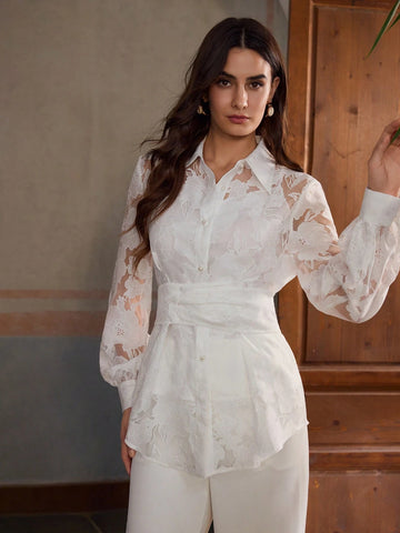 Women's Single-Breasted Cutout Waist Long Sleeve Elegant Blouse