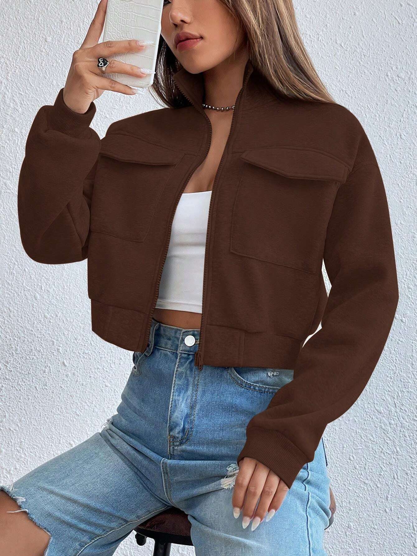 Zip Up Flap Pocket Sweatshirt shein