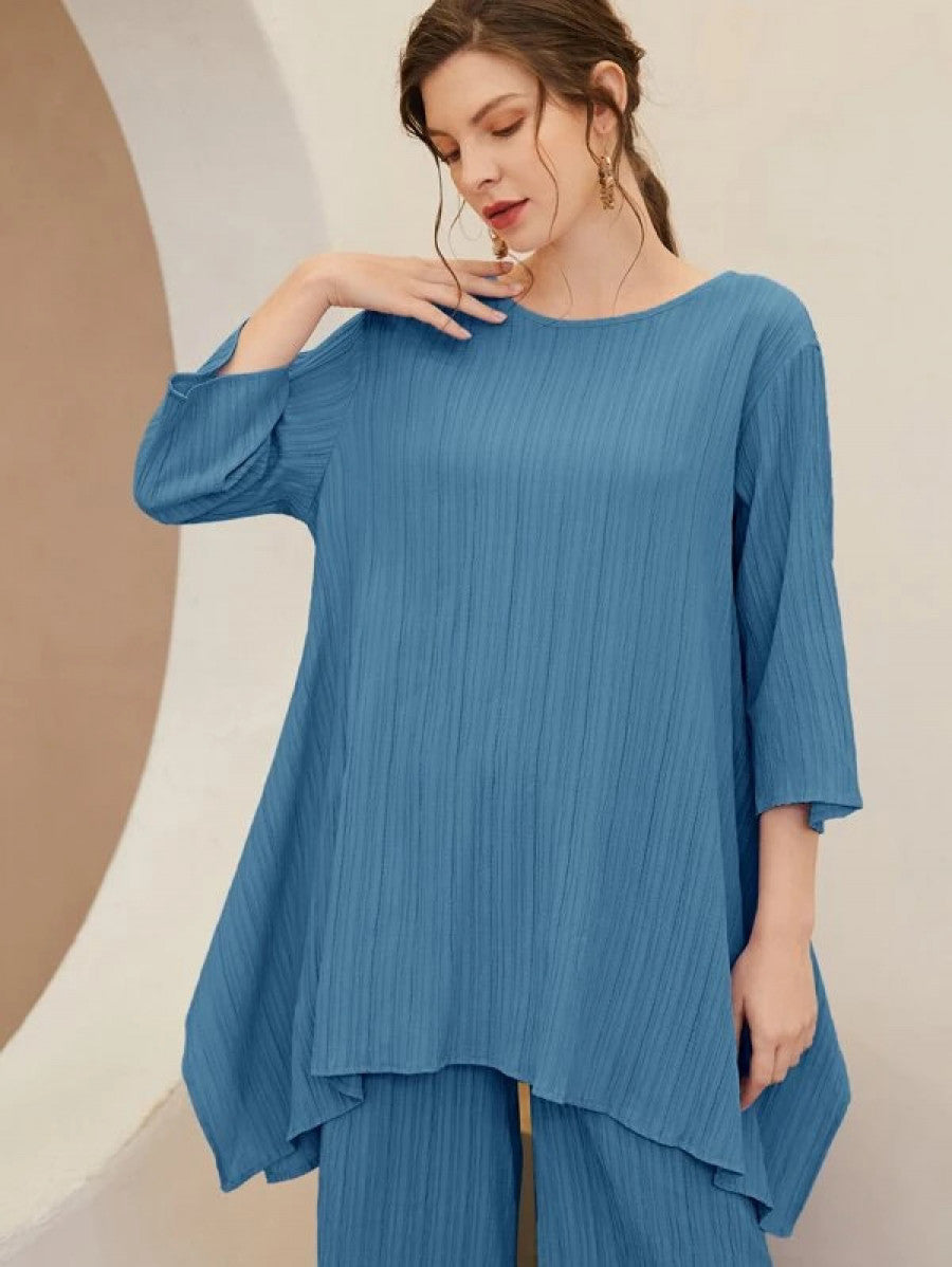 Asymmetrical Hem Solid Top & Pants Set Shein