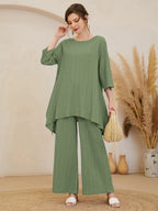 Asymmetrical Hem Solid Top & Pants Set Shein