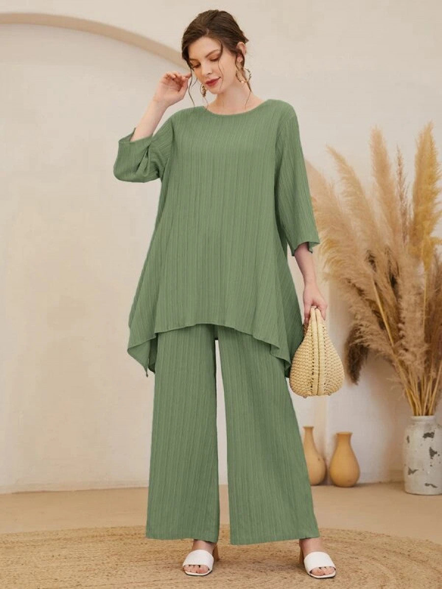 Asymmetrical Hem Solid Top & Pants Set Shein