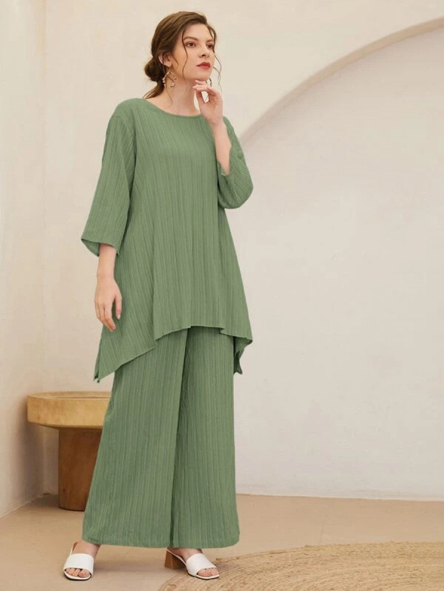 Asymmetrical Hem Solid Top & Pants Set Shein