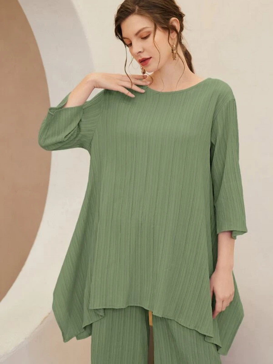 Asymmetrical Hem Solid Top & Pants Set Shein