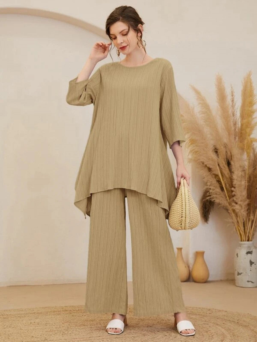 Asymmetrical Hem Solid Top & Pants Set Shein