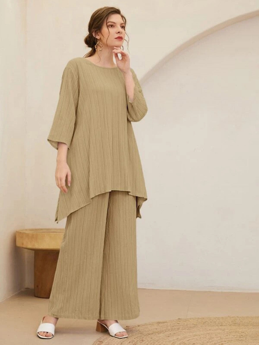 Asymmetrical Hem Solid Top & Pants Set Shein