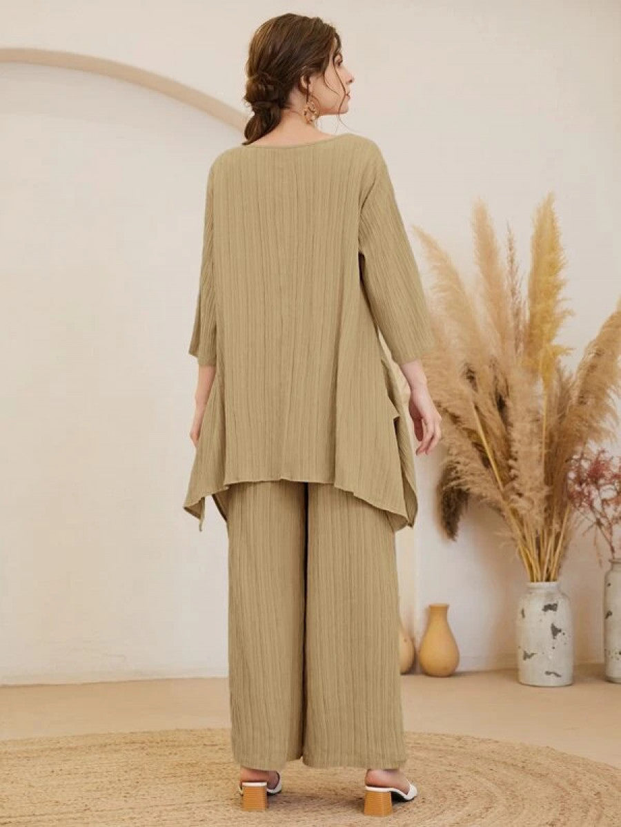 Asymmetrical Hem Solid Top & Pants Set Shein